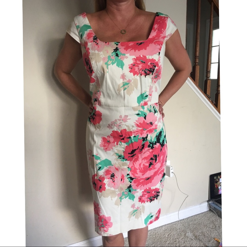 Ann Taylor Off-White & Floral Cap-Sleeve Dress